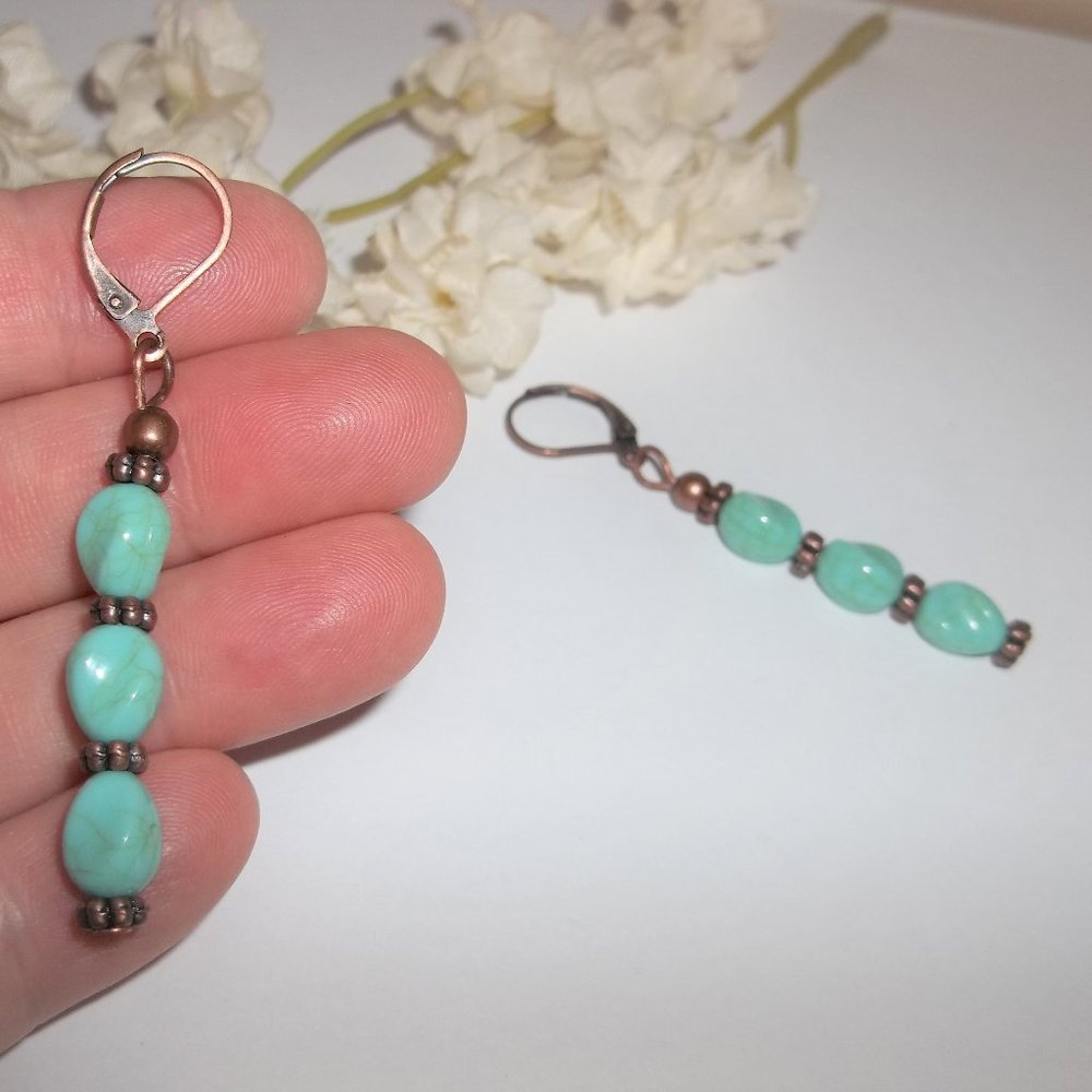 Long Turquoise Blue & Copper Earrings Handmade Beaded Jewelry Set Pair NWT 5821 - Picture 6 of 6